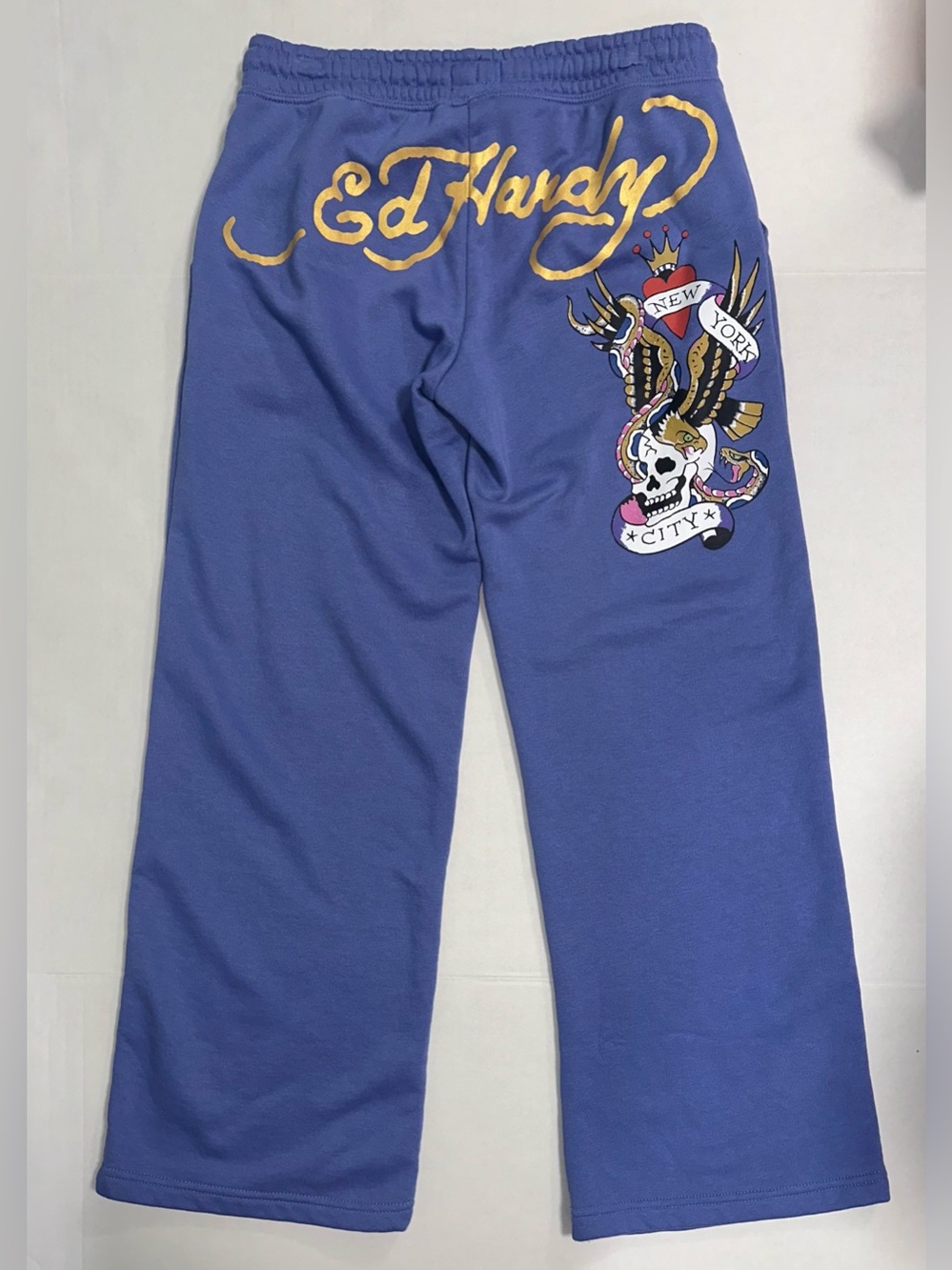 Ed Hardy Spellout Logo M Fleece Sweatpants Blue Y2K Style Wide Leg